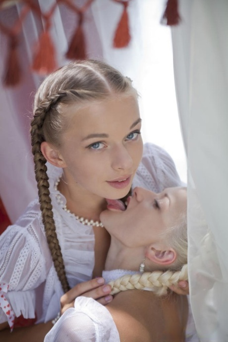 Skinny teen girls Milena D & Nika N in pigtails kiss & eat pussy outdoors 65178705