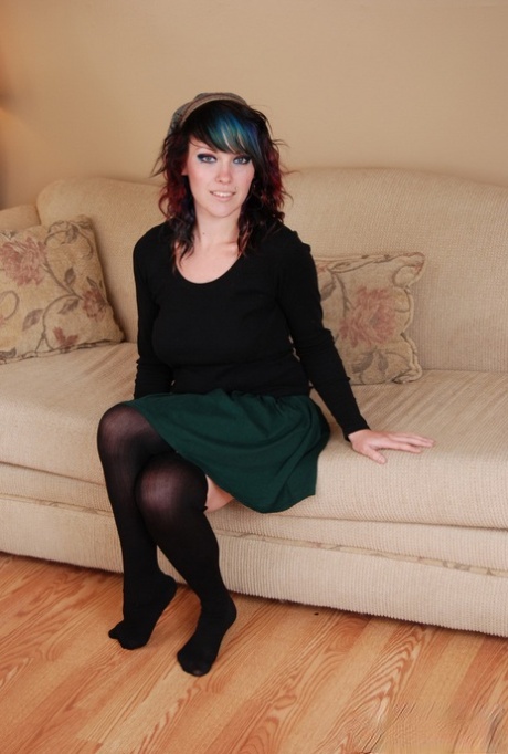 Amateur girl Sabrina exposes her tits and ass in black over the knee nylons 44357542