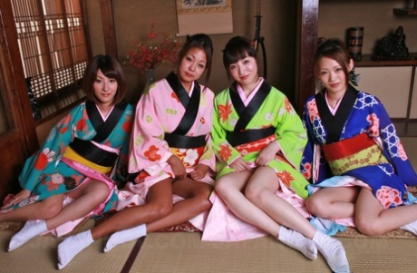 Hot young Japanese models remove their kimonos for raunchy group groping 45412442