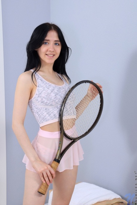 Petite brunette Emili Heads spreads her tight pink pussy in pink leg warmers 48940957