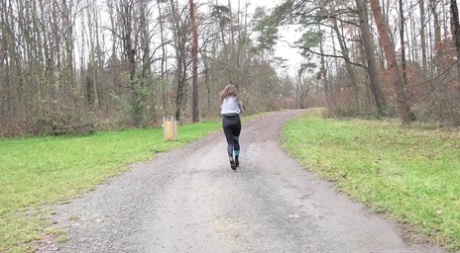 White girl Barbara Bieber takes a badly needed pee on a public bench 49030975