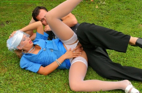 Clothed ladies stack their asses during a foursome fuck in the backyard 58251858