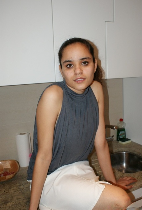 Indian solo girl Jasmine adjusts her tube top while barefoot in a skirt 61873345