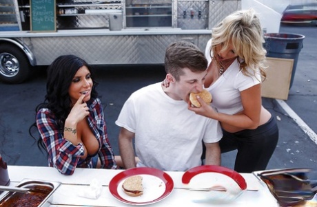 Reality pornstars Charisma Cappelli and Romi Rain fucking a younger guy 24097527